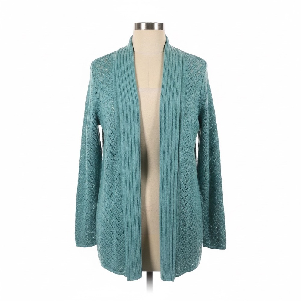 Susan Graver Cardigan‎ Sweater 1X Aqua Green Open Sparkle Resort Coastal Grandma